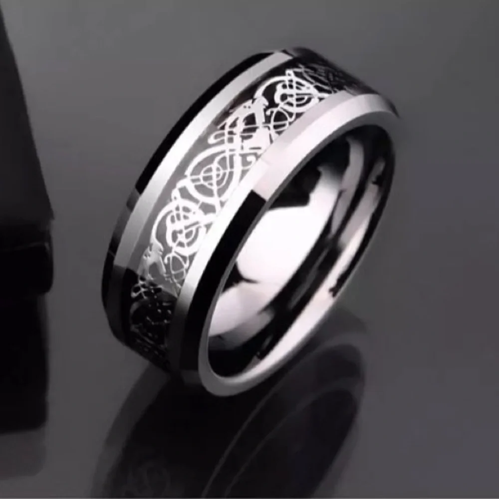 Silver Tungsten Black Dragon Carbon Fiber Inlay 8mm Wide Beveled Edge Band Ring